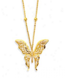 14k Yellow Filgree Butterfly Shaped Necklace - 17 Inch