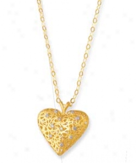 14k Yellow Filigree Heart Necklace-  18 Inch