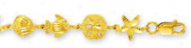 14k Yellow Fish Star And Shell Bracelet - 7 Inch