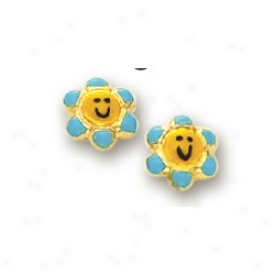 14k Yellow Flower Childrens Stud Enamel Esrrings