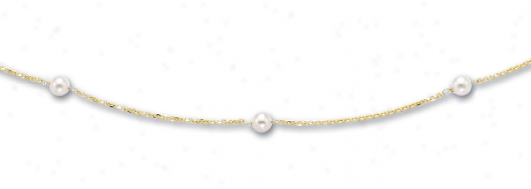 14k Yellow Fresh Water White Pearl Necklace - 17 Inch