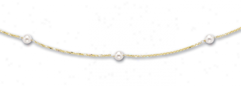 14k Yellow Fresh Water White Pearl Necklace - 18 Inch