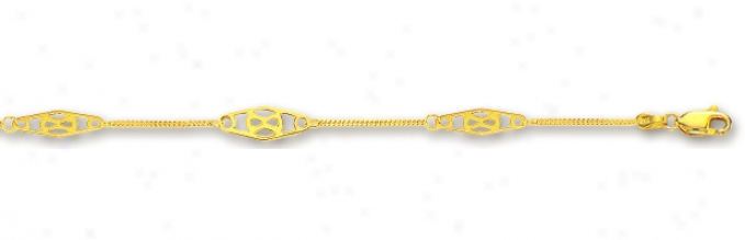 14k Yellow Gourmette And Design Station Anklet - 10 Inch