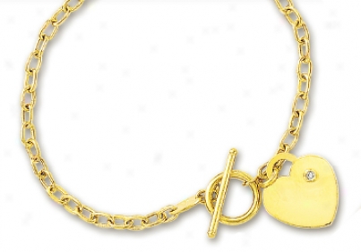 14k Yellow Heart Charm Toggle Diamond Bracelet - 7.5 Inch