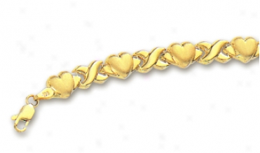 14k Yellow Hugs And Kisses Heart Bracelet - 8 Inch