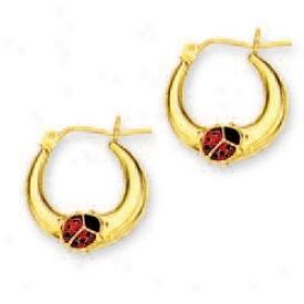 14k Yellow Ladybug Hoop Enamel Earrings