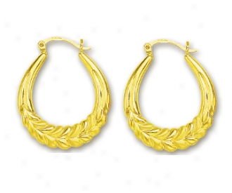 14k Yellow Medium Leaf Hoop Earrings