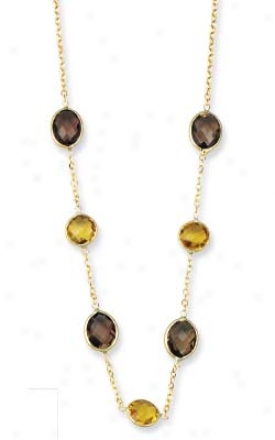 14k Yellow Oval Bezel-sey Smokey Topaz Necklace - 17 Inch