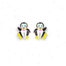 14k Yellow Penguin Shaped Childrens Stud Enamel Earrings