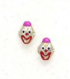 14k Yellow Pink Enamel hCildrens Clown Screw-back Earrings