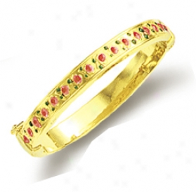 14k Yellow Pink Flower Childrens Enamel Bracelet - 5.5 Inch