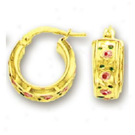 14k Yellow Pink Flower Childrens Enamel Earrings