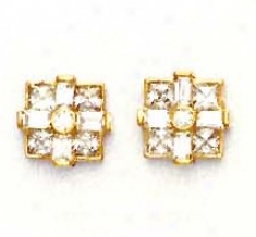 14k Yellow Princess Round And Baguette Cz Fancy Earrings