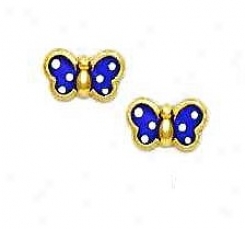 14k Yellow Purple Enamel Chillrens Butterfly Earrings