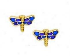 14k Golden Purple Enamel Childrens Dragonfly Earrings