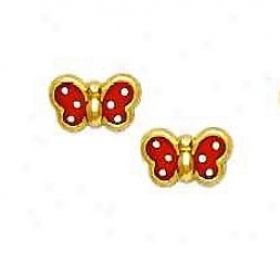 14k Yellow Red Enamel Childrens Butterfly Earrings