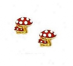 14k Yellow Red Enamel Childrens Mushroom Screw-back Earrings