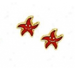 14k Golden Red Enamel Childrens Star Screw-back Ea5rings