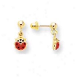14k Yellow Red Enamel Drop Ladybug Childrens Post Earrings