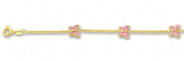 14k Yellow Rolo And Butterfly Rank Enamel Anklet - 10 Inc