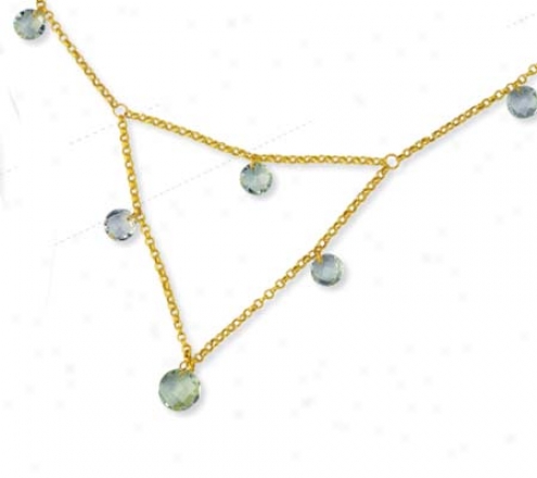 14k Golden Round Ball Drop Green Amethyst Necklace - 17 Inch