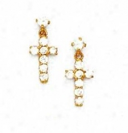 14k Yellow Round Cz Cross Friction-back Post Earrings