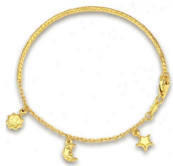 14k Yellow Sun Star And Moon Childrens Bracelet - 5.5