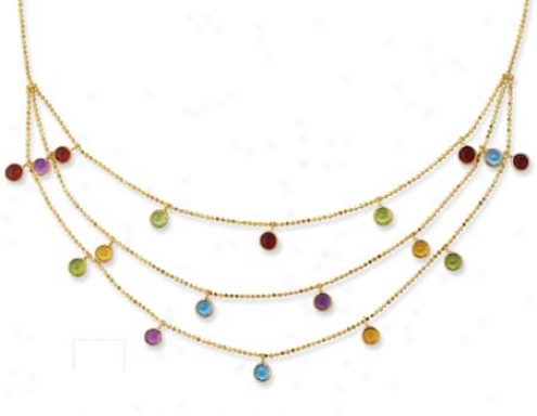 14k Yellow Three Layered Gemstone Necklace - 17 Inch