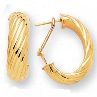 14k Yellow Twisted Design Omega-back Hoop Earrings