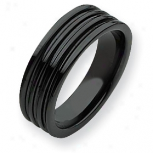 Ceramic Black Grooved 7mm Polished Band Ring - Size 11
