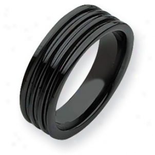 Ceramic Black Grooved 7mm Polished Band Ring - Size 11.5