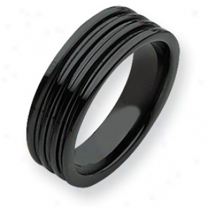 Ceramic Black Grooved 7mm Refined Band Ring - Size 12