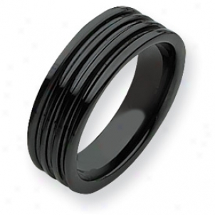 Ceramic Black Grooved 7mm Refined Band Ring - Size 8.5