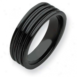 Ceramic Black Grooved 7mm Polished Band Ring - Size 9.5