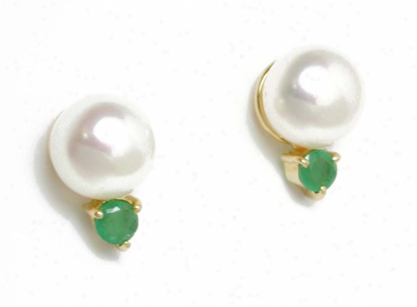 Elegant Freshwater Pearl & Genuine Round Emerlad Earrings