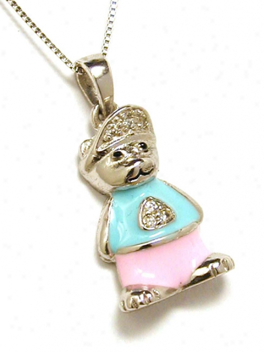 Enamel Blue, Pink And Cubic Zirconia Teddy Bear Charm Pendan