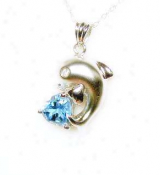 Heart Blue Topaz Satin Dolphin Pendant