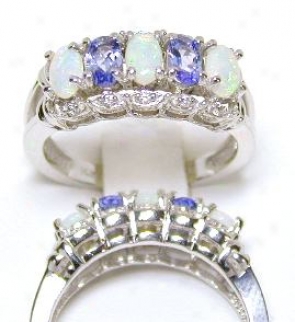 Opal, Tanzanite & Diamond Band Ring