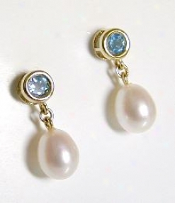 Round Blue Topaz & Fw Pearl Drop Earrings
