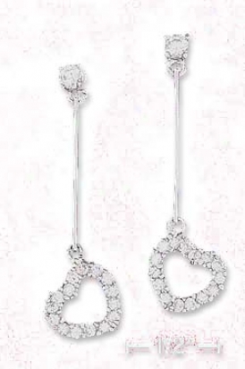 Ss 1 1/2 Inch Cz Post Earrings With Bar Open Cz Heart Dangle