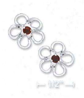 Ss 1/2 In. Fokwer Post Earrings With Synthetic Garnet Center