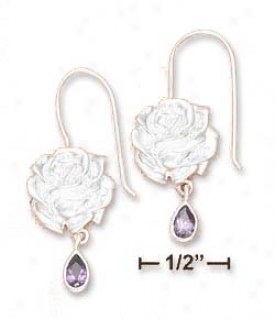 Ss 13mm Rose Earrings With 3x6mm Purple Cz Tear Dangle