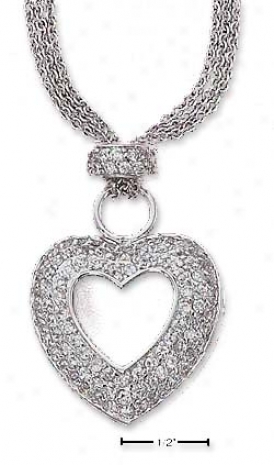 Ss 16 Inch Triple Run aground Necklace With Open Pave Cz Heart