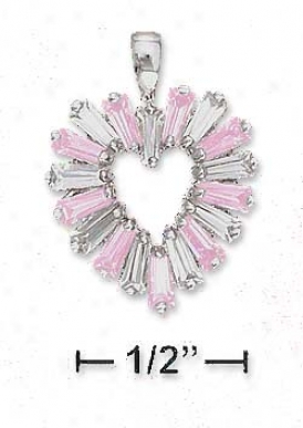 Ss 17mm Heart Pendant Alterjating Pink White Baguette Czs