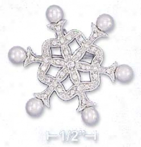 Ss 34mm 6 Pointed Cz Snowflake Pin 5mm Synthetic Pearl Tips
