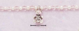 Ss 5 Inch Teddy Bear Dangle Bracelet With Pearls Pink Beads