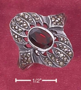 Ss 5 X 7mm Garnet Ring With Fanned Marcasite Top Ship