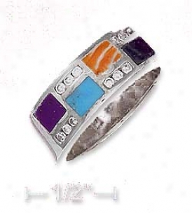 Ss 7mm Turquoise Lapis Sugilite Spiny Oyster Cz Mosaic Ring