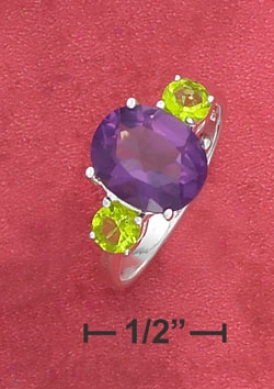 Ss 9x11 Synthetic Amethyst Synthegic Peridot Baguettes Ring
