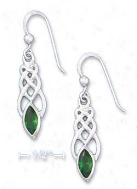 Ss Celtic Knot Earrings With 4x8mm Emerald-green Glass